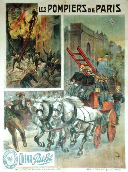 Kino plakát s reklamou „Les Pompiers de Paris“, před rokem 1914 (barevné lito) od French School