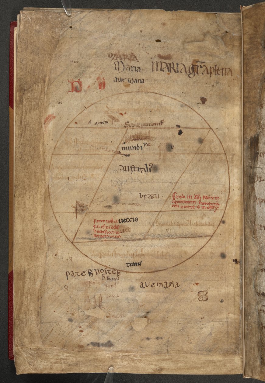 Kruhové inkoustové diagramy hnědým a červeným inkoustem obyvatelných a neobyvatelných zón světa, ilustrace z „Liber Monstrorum“, od Bede (vellum) od French School