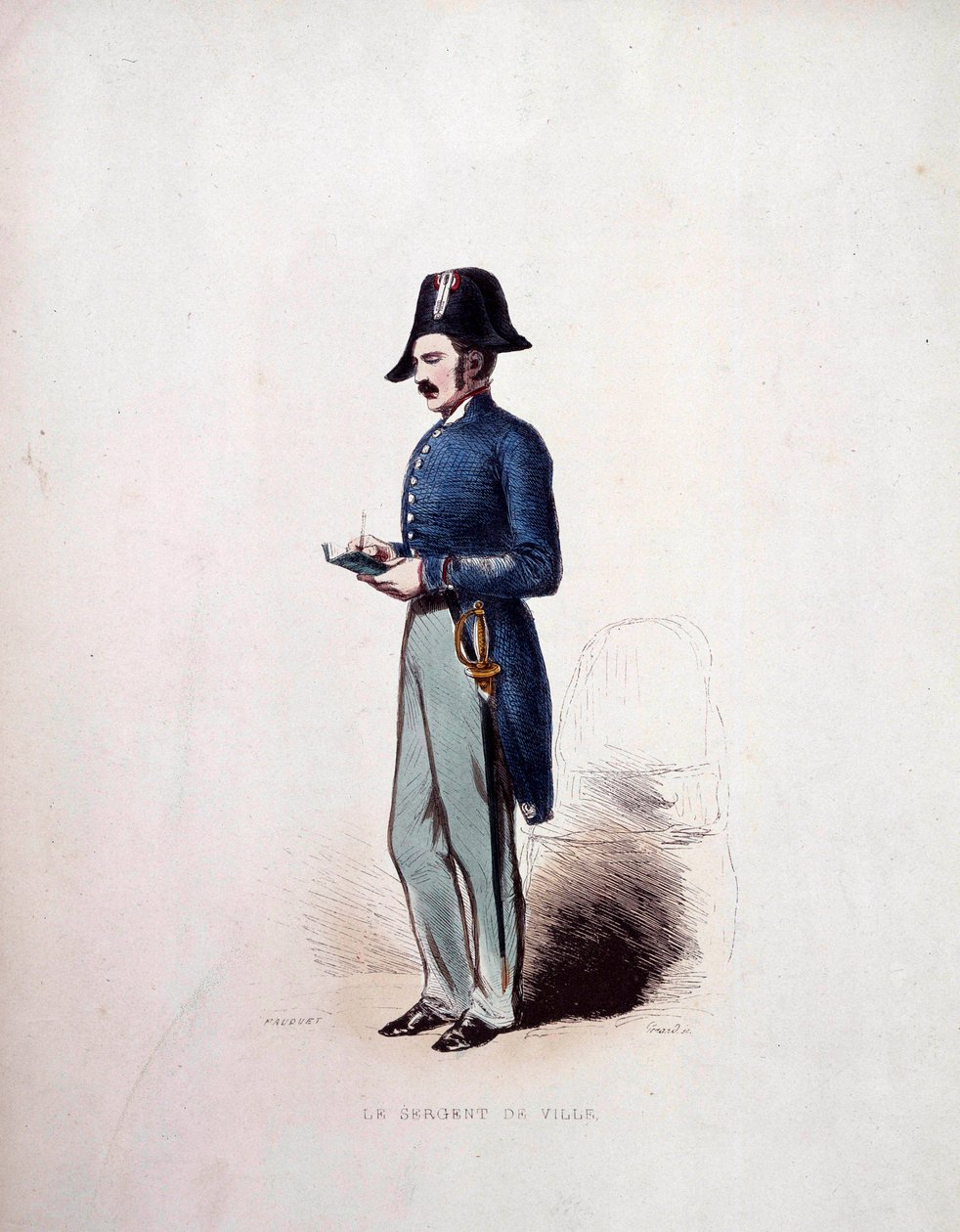 Uniforma městského seržanta příslušníka policejních sil za červencové monarchie (1830-1848) 19. stol. od French School