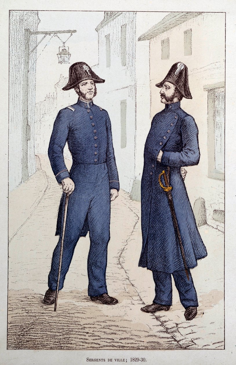 Městští seržanti. Mluví dva strážci zákona. Litografie kolem 1829-1830 Prefecture de Police, Paříž od French School