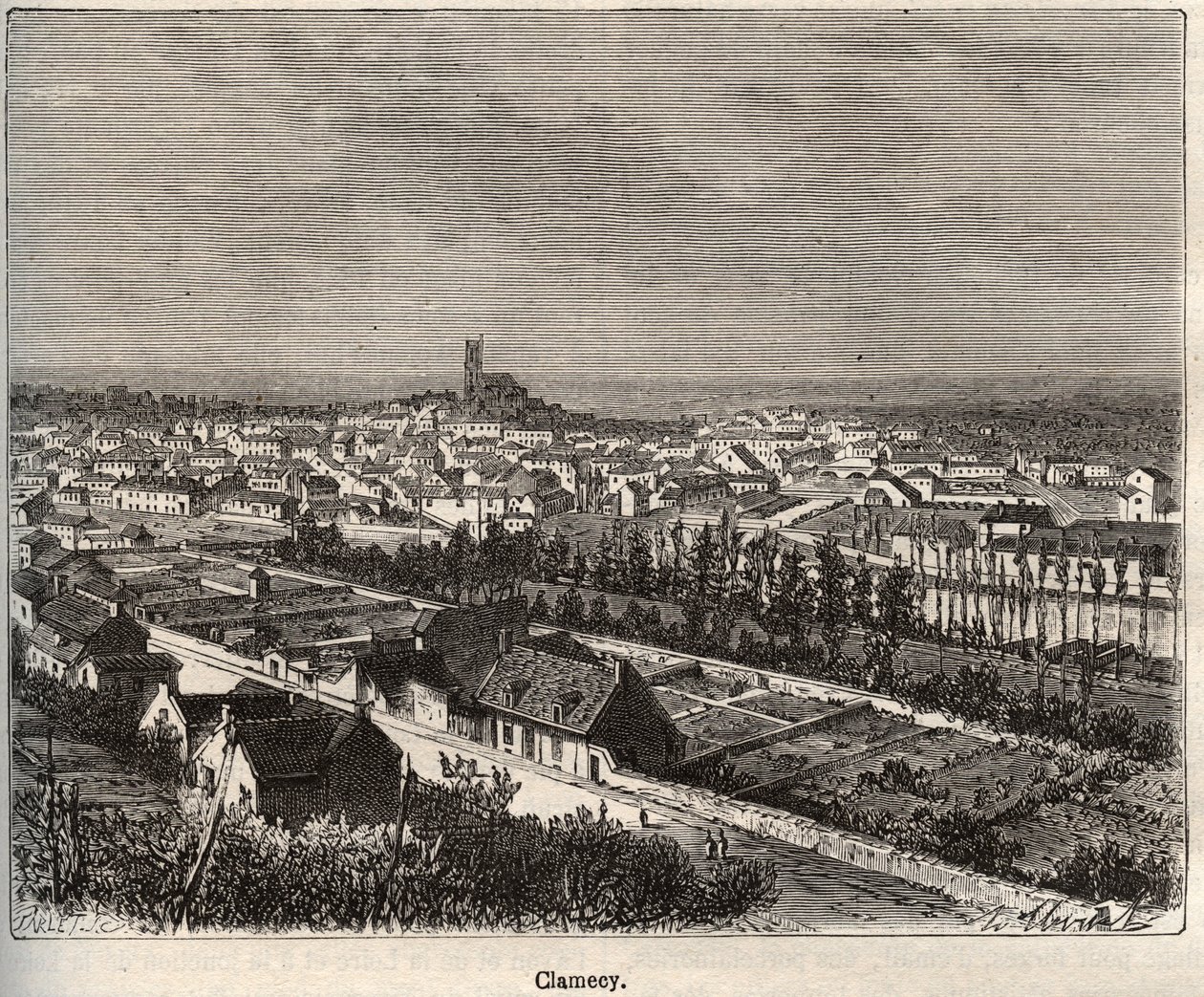 Clamecy - Nievre - Burgundsko - rytina v „La France illustree: geografie, historie, statistická správa“ od V.A. Sladově hnědá. 1884 od French School