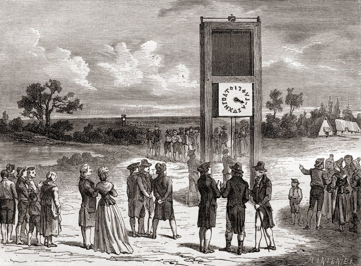 Claude Chappe předvádí svůj první systém vzdušného telegrafu v roce 1791, z knihy Les Merveilles de la Science, vydané kolem roku 1870 (rytina). od French School
