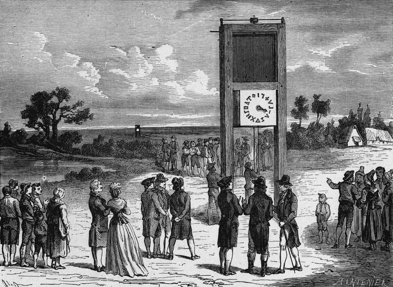 Claude Chappe zažil svůj první letecký telegraf v roce 1793 - v „Album de la Science; proslulí učenci; Grandesovy objevy“ 1896. od French School