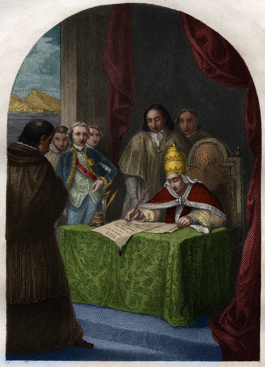 Klement XIV (Clemente nebo Clemens) (1705-1774) rušící jezuitskou společnost dne 21. července 1773. Rytina z roku 1842 v „Histoire des Popes: zločiny, vraždy, otravy, zavraždění, cizoložství, incest... od Maurice Lachatra. Soukromá sbírka. od French School