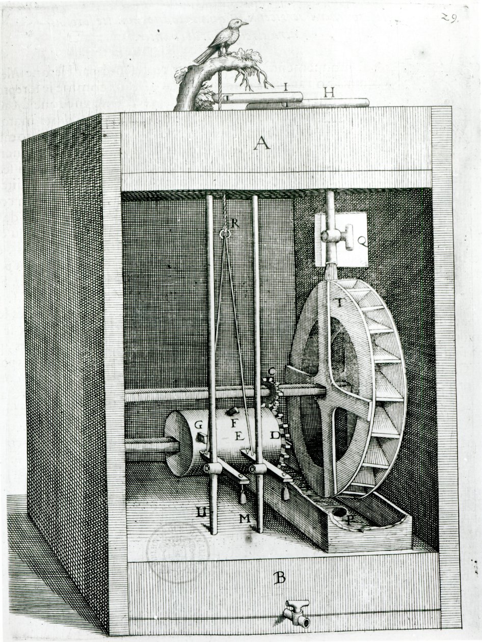 Mechanický pták, z Les Raisons des Forces Mouvantes od Salomona de Caus (asi 1576-1626), 1615 od French School