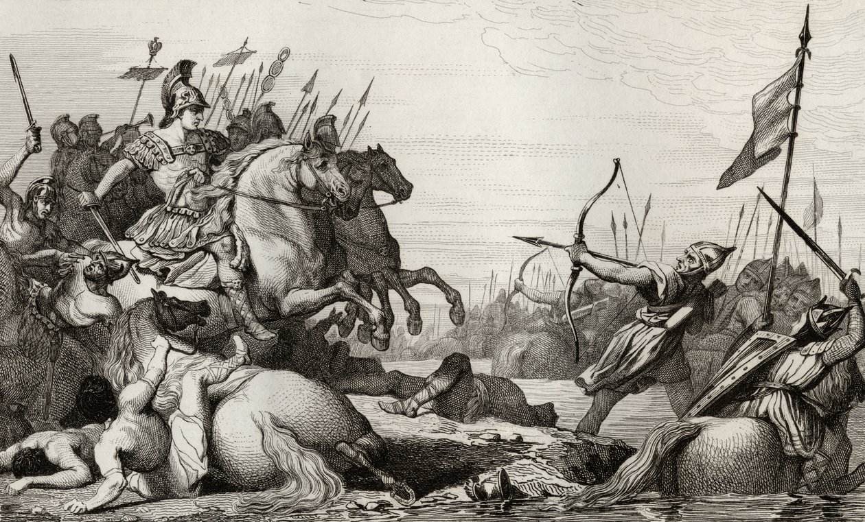 Clodion, Chlupatý (c.428-47) ustupuje přes most po jeho porážce od Aetia, z 