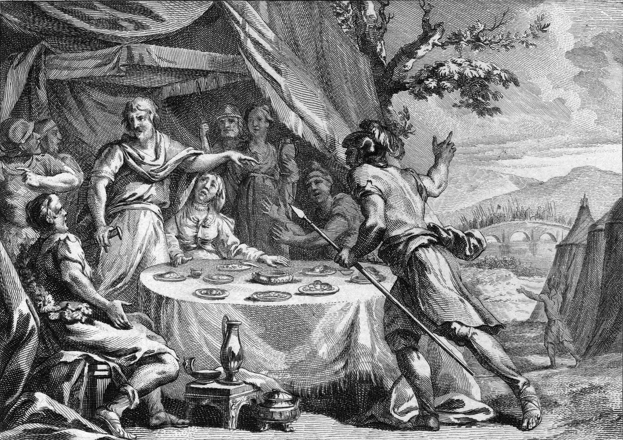 Clodion the Hair (asi 400-448), vůdce salianských franků, dozvěděl se o překvapivém útoku vojsk generála Aetia, prefeta Galů, v roce 432. Rytina z 18. století. od French School