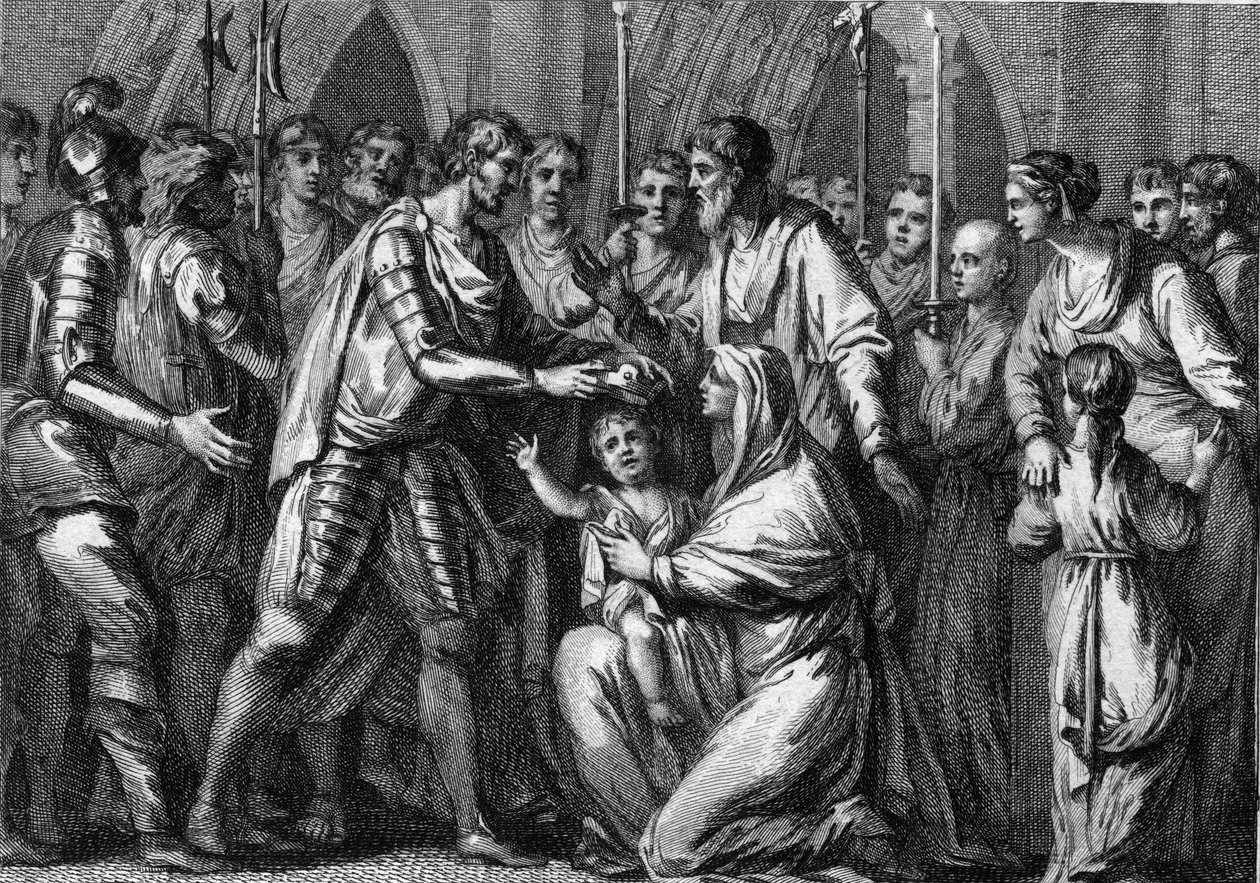 Clotaire (Clothaire) II., známý jako Mladý (584-628), korunní král Neustrije svým strýcem Gontranem I. (asi 545-592), králem Orleansu a Burgundska. Jeho matka, královna Fredegonde (asi 545-597), ho drží v náručí. 584. Rytina 18. stol. od French School