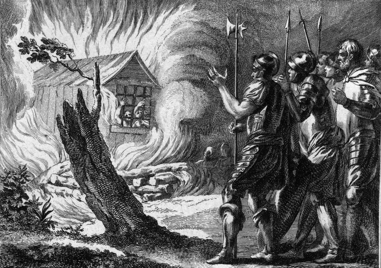 Clotaire (Clothaire) I. (497-561), král Franků, nechal v chalupě upálit svého syna Chramneho, který se vzbouřil proti němu a jeho rodině. Asi 560. Rytina 18. stol. od French School