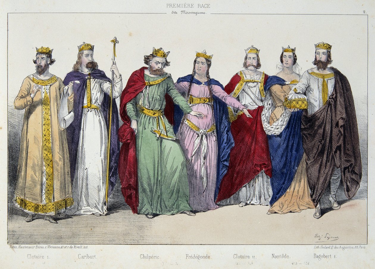 Clotaire (Clothaire) I, Caribert, Chilperic, Fredegonde, Clotaire II, Nantilde, Dagobert I - v „La monarchy francaise en estampes“ “ od French School