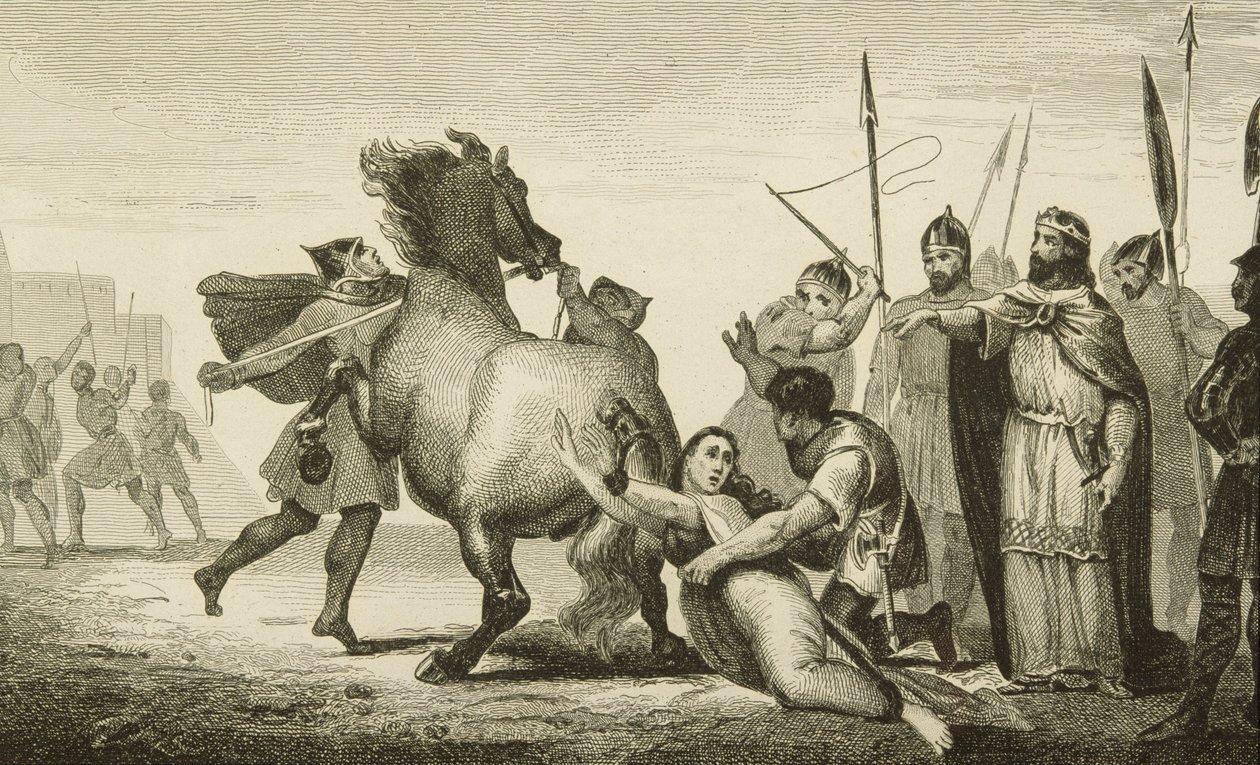 Clotaire II (584-629) při popravě královny Brunhildy (zemř. 613) z Colartovy knihy "Histoire de France", vydané kolem roku 1840. od French School
