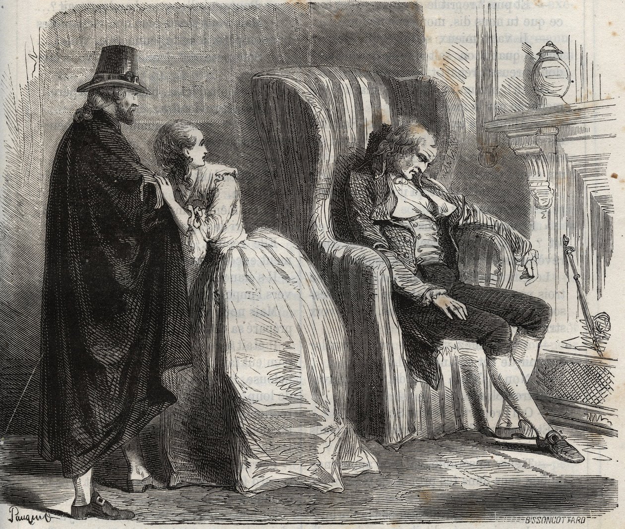Clotilde Sprengel a Zacharie Bergmann sledují spící německého lékaře Petruse Schultze před 18. stoletím. Rytina z roku 1871 v „Histoire Des Cocuses Celebres““ od Henryho de Kocka (1819-1892). od French School