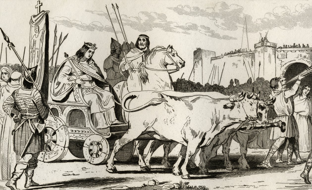 Clovis III (682-95) ve voze taženém Oxenem, s Pepinem II z Herstalu (kol. 714) jedoucím po jeho boku, z 
