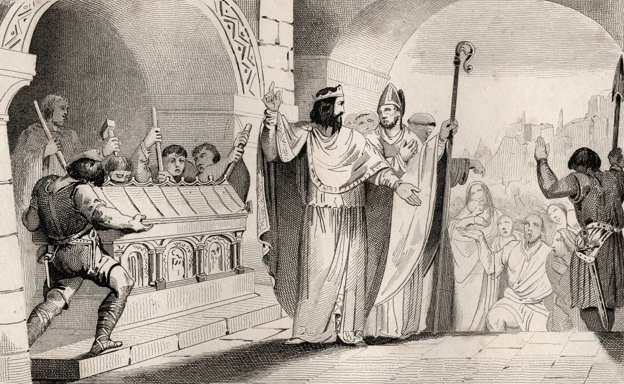 Clovis II (635-57) Prodej stříbra a zlata ze svatyně, aby nakrmil chudé, z „Histoire de France“ od Colarta, vydáno kolem roku 1840 od French School