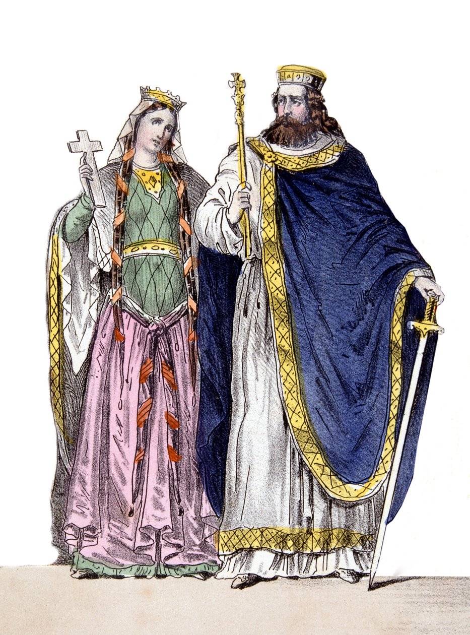 Clovis I a Clotilde ve filmu „Králové a královny Francie“, sd. 19. století. od French School