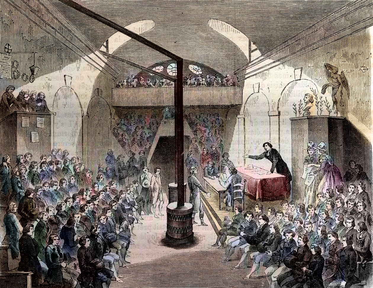 Club des Jacobins - Paris rue Neuve-St Honore 1789 - Pohled na klub Jacobins. Bývalý klášter Řádu sv. Dominiky - Zasedání v klubu jakobínů, během revoluce 1789 - Rytina 1844 - Francouzská revoluce. Sezení u Jacoba od French School