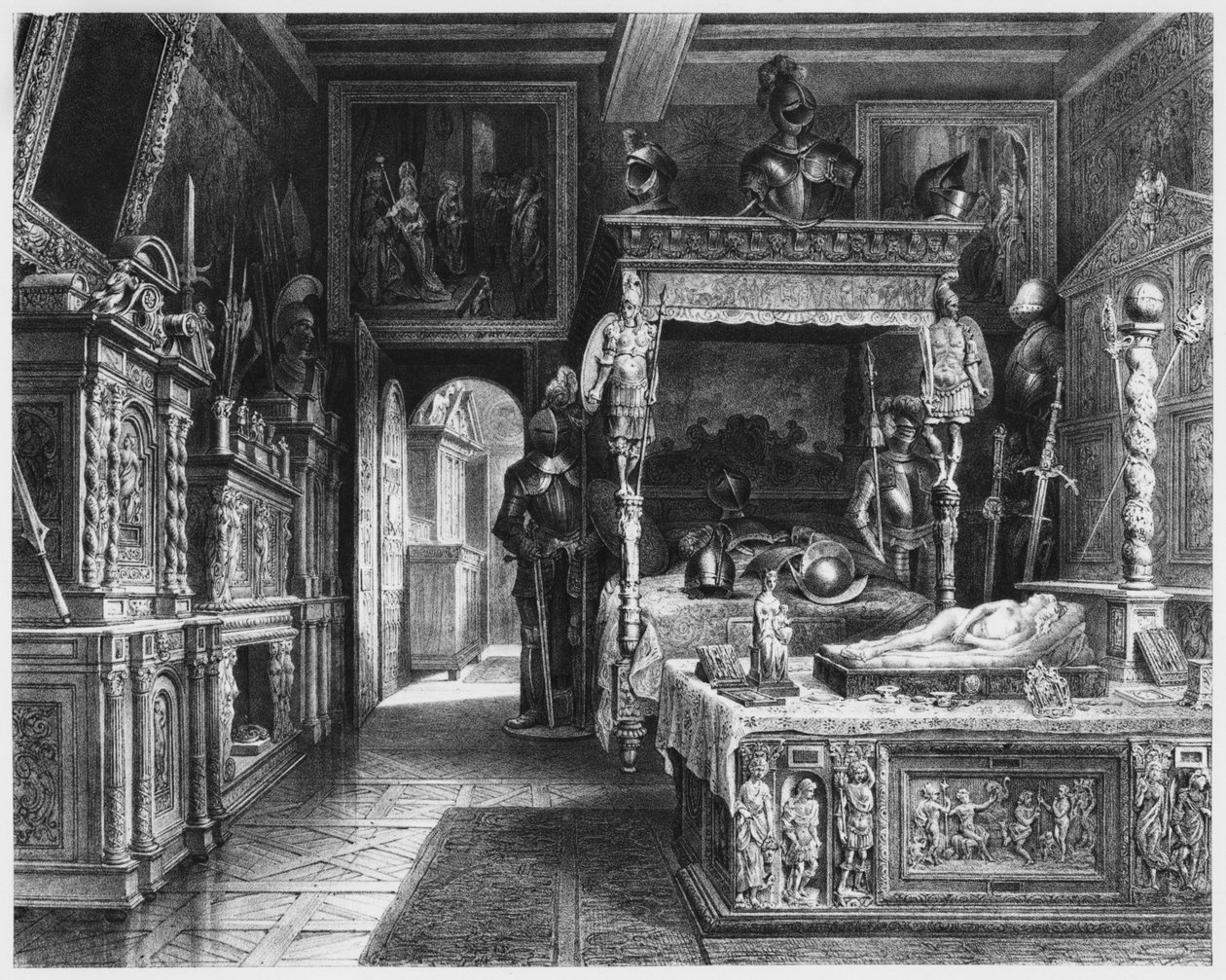 Hotel a muzeum Cluny, pokoj Františka I., Paříž, ilustrace z Atlasu, Les Arts du Moyen Age..., Alexandre du Sommerard (1779-1842) 1840 od French School