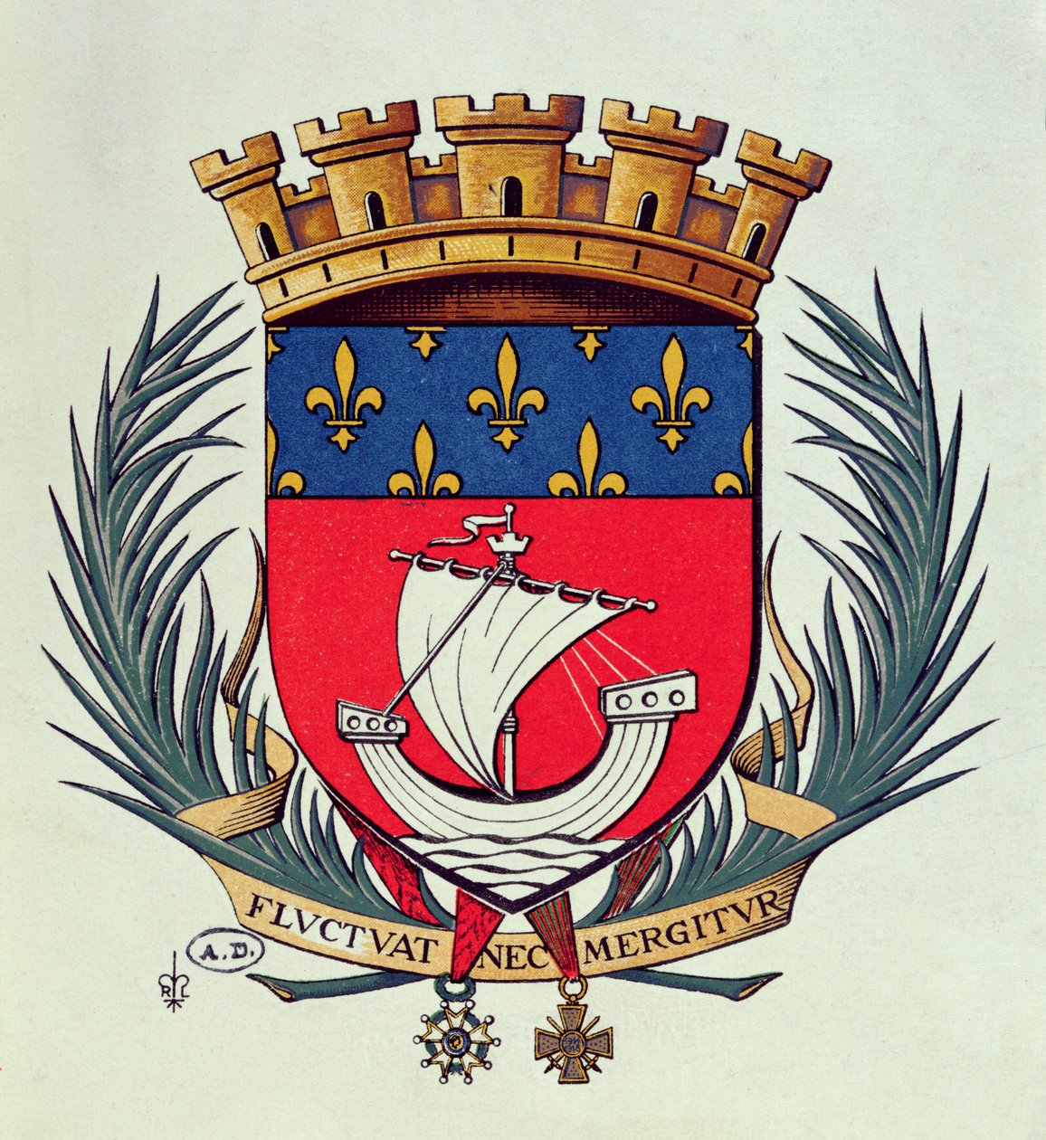 Erb města Paříže s heslem Fluctuat Nec Mergitur (zmítaný vlnami, ona se nepotápí) od French School