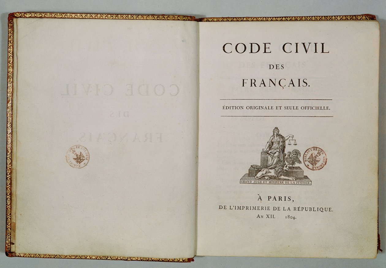 Code Civil, otevřeno na titulní straně, 1804 od French School