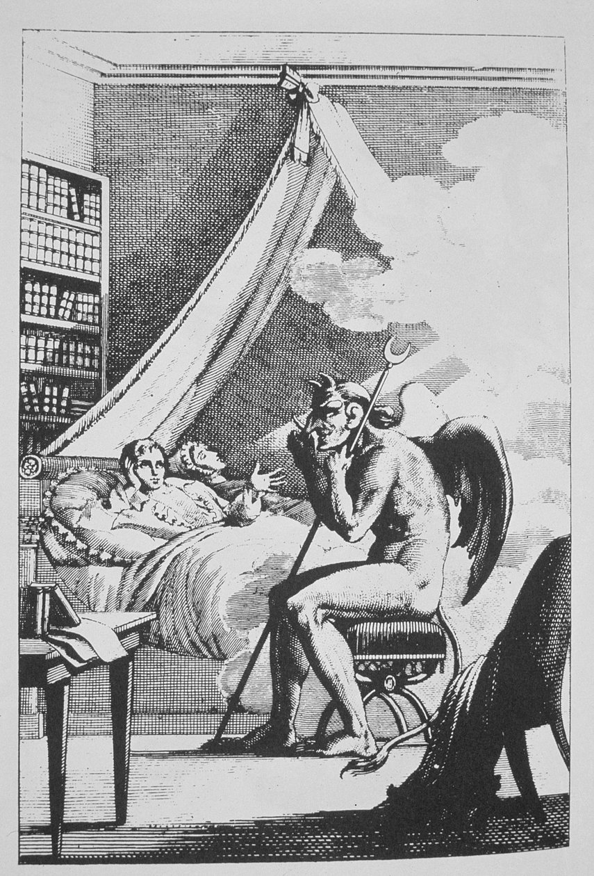 Collin de Plancy (1793-1887) hovořící s ďáblem, z Le Diable Peint par Lui-meme (1825) ilustrovaný v historii magie publikované koncem 19. od French School