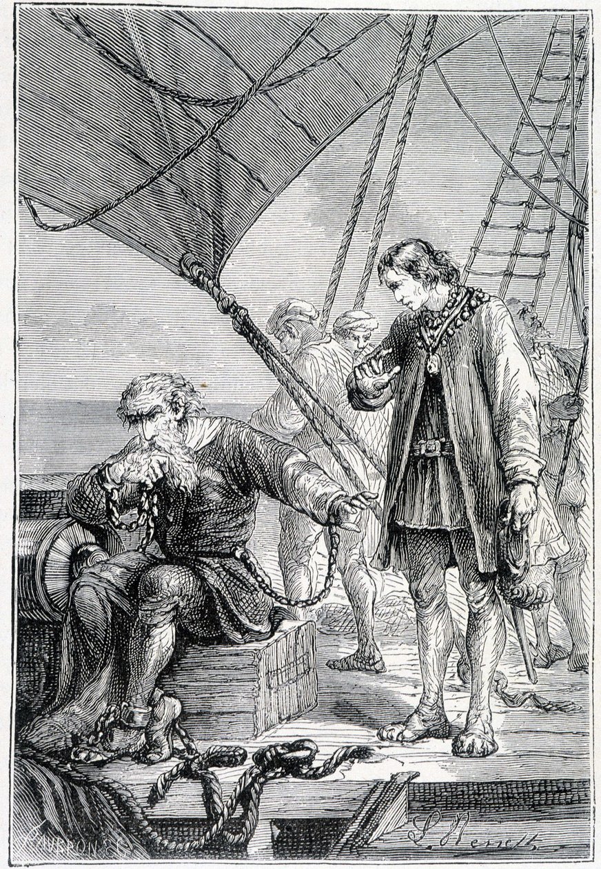 Kolumbus spoutaný jako padouch (na palubě lodi), nemocný. "" Discovery de la Terre "" od Julese Verna, ed. Hetzel, n. d. 19. od French School