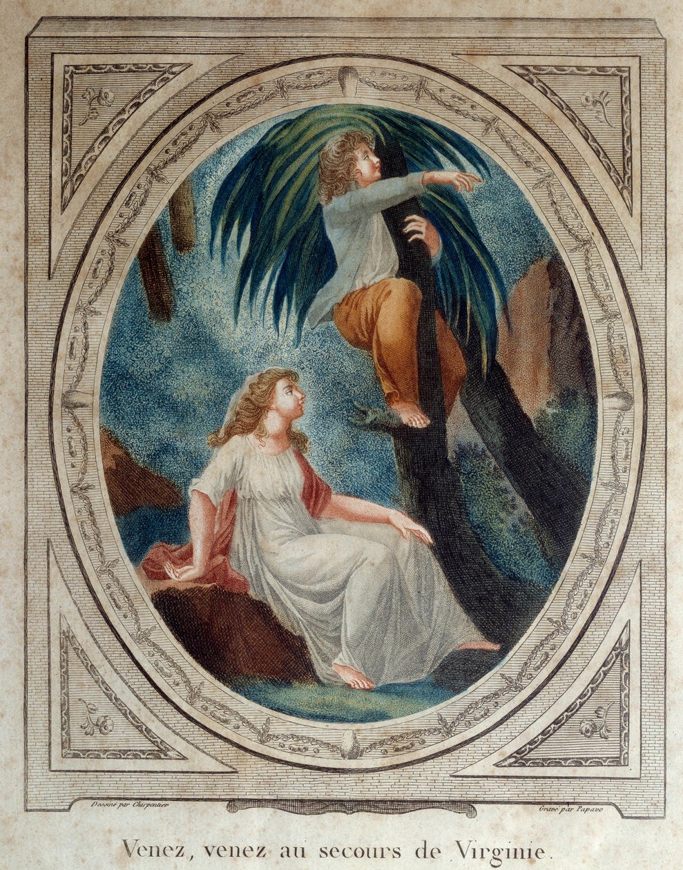 Pojď, pomoz Virginii. Ilustrace k románu „Paul a Virginie“ od Bernardina de Saint Pierre (1737-1814). Rytina z roku 1790. La Rochelle, New World Museum od French School