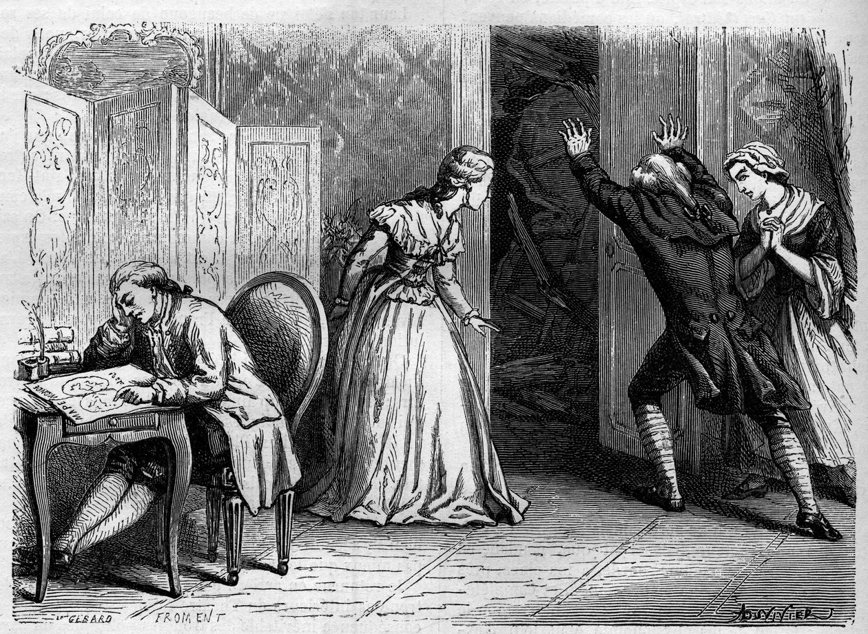 Comedie Francaise: reprezentace „“The Abbé of the Sword““ od Jeana Nicolase (Jean-Nicolas) Bouillyho (1763-1842). Rytina z let 1867-1868. od French School