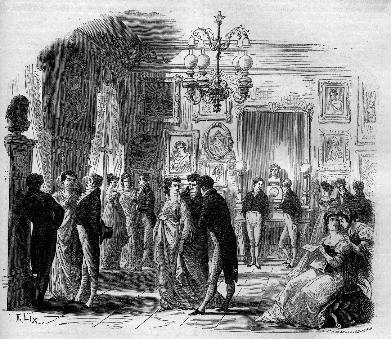 Comedie Francaise: pohled do foyer umělců s komiky Francois-Josephem (Francois Joseph) Talma (1763-1826) a Anne Boutet, dit Mademoiselle Mars (1779 - 1847), francouzská komička. Rytina z let 1867-1868. od French School