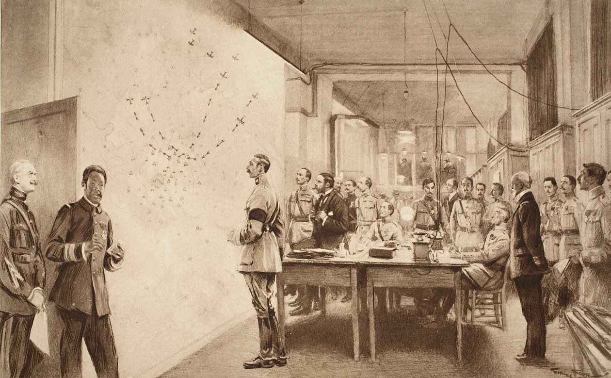 Velitel a štáb francouzského ministerstva letectví při sledování průběhu náletu na Paříž, 1914-19 od French School