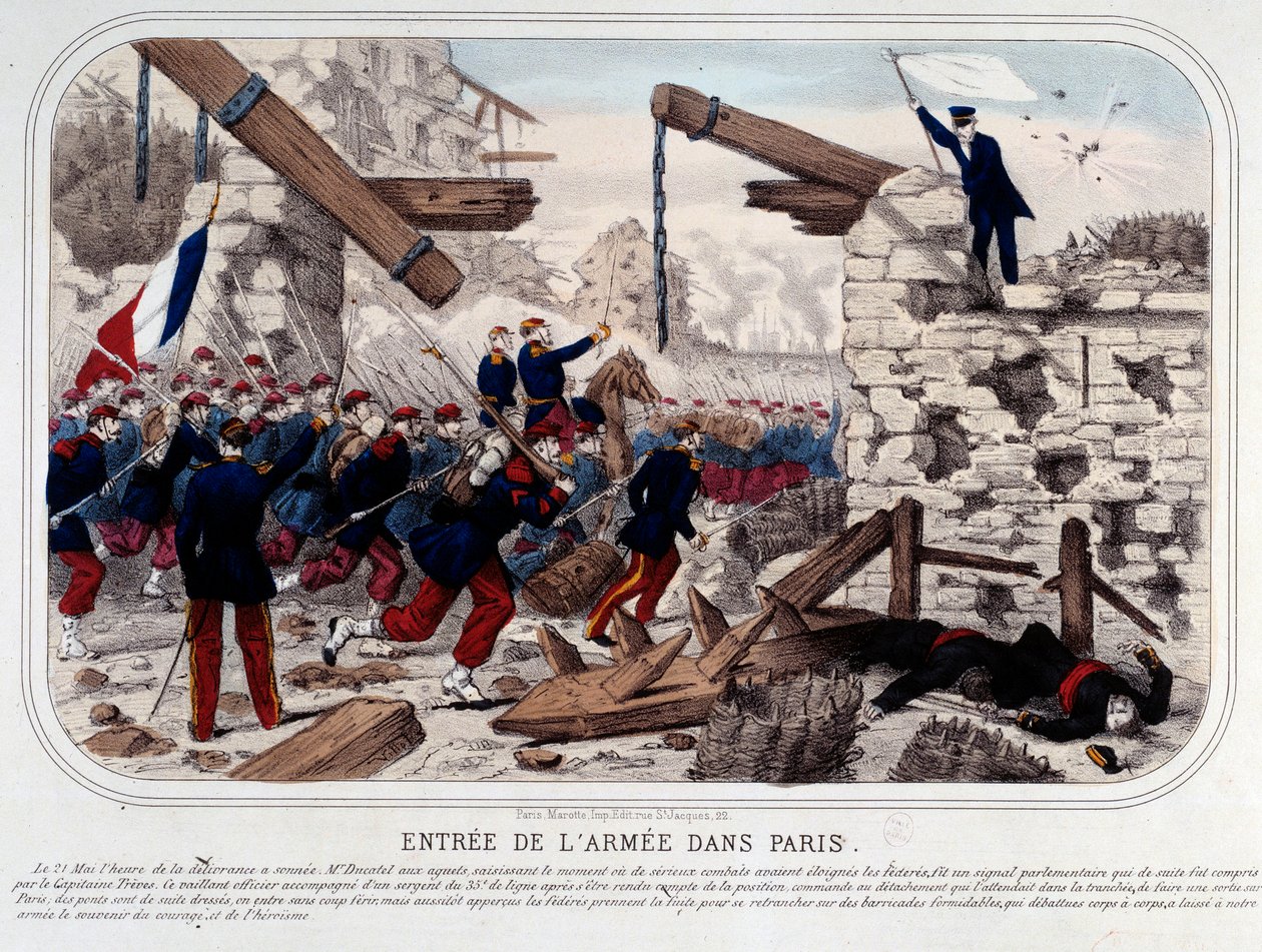 Commune de Paris: Vstup Versaillaise Armee v Paříži. Rytina 1871. Paris, Musee Carnavalet od French School