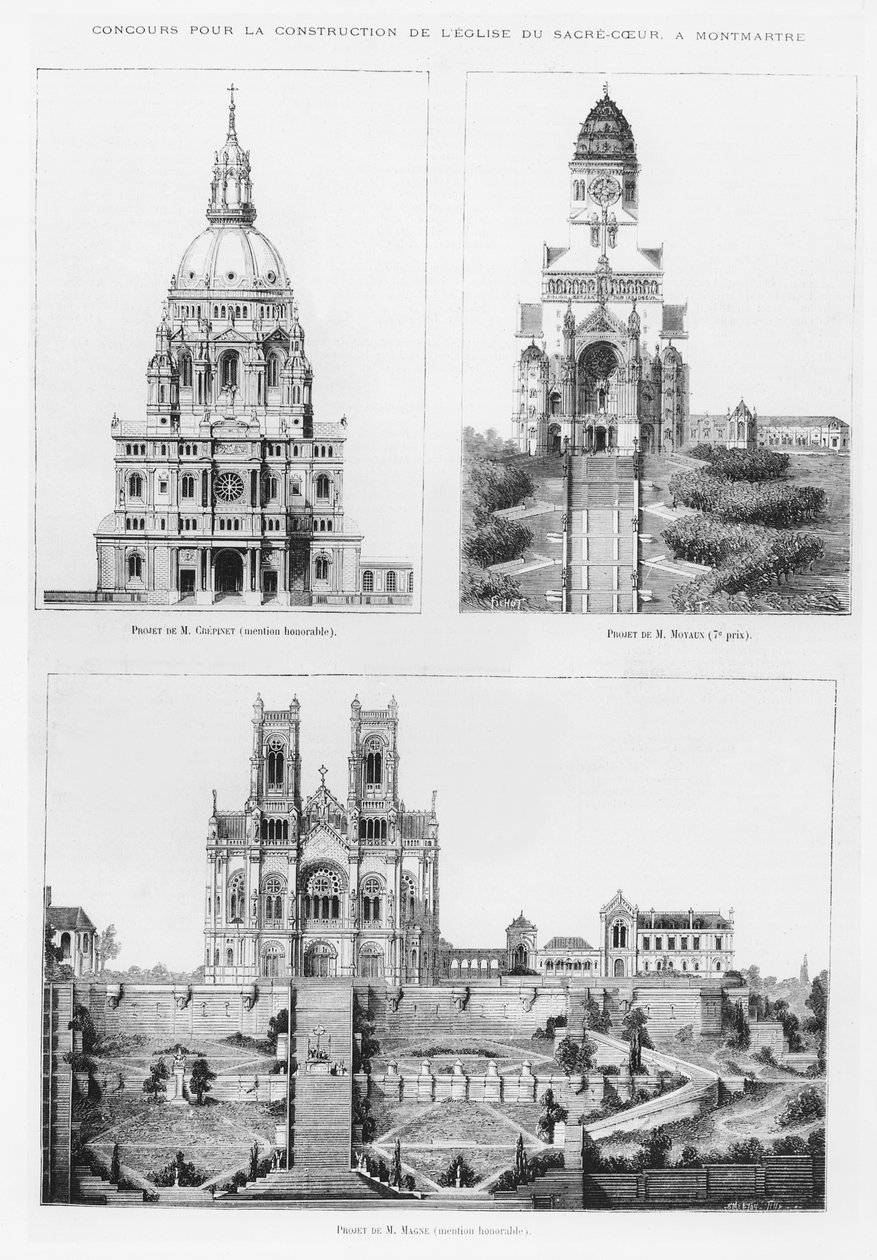 Soutěž na stavbu baziliky Sacré-Coeur na Montmartru, návrhy Monsieur Crépinet, Monsieur Moyaux a Monsieur Magne, 1875 od French School