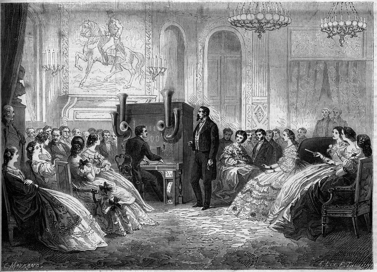 Koncert „klavírního elektromotorického orchestru“, jeho vynálezce J. B. Schalkenbacha, za přítomnosti Napoleona III. a impressa Eugenie de Montijo. Palais de Saint Cloud od French School