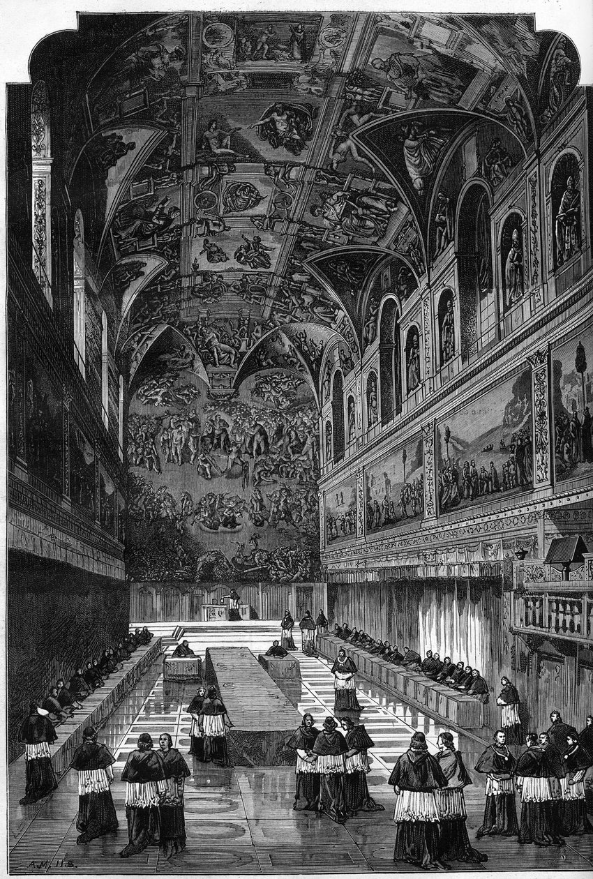Konkláve z roku 1878: pohled do interiéru Sixtinské kaple během hlasování o volbě nástupce papeže Pia IX., Leona XIII. Rytina v „“ Le Monde Illustré““ č. 1095 z 23. března 1878. od French School
