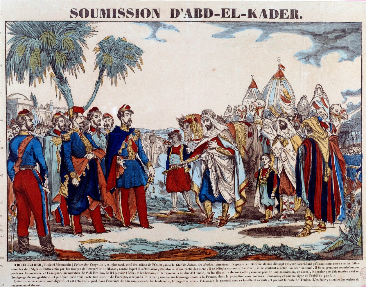 Conquete of Alžír (1830-1847): podrobení Abd el Kader (Abd-el-Kader nebo ibn Muhyi al-Din al-Hasani) (1807-1883) vévodovi z Aumale a francouzské armádě dne 24. /1848. Rytina soukromé sbírky z konce 19. století od French School
