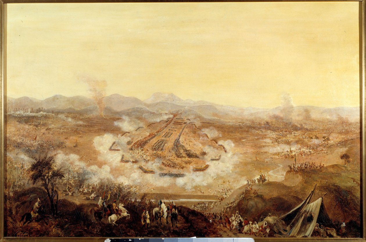 Conquete of Alžírsko: „“ Bitva o Isly dne 16. 8. 1844 představující Maročany podporující Abd el Kadera Francouzům““ Obraz Francouzské školy. 1844 Paříž, Musee de l