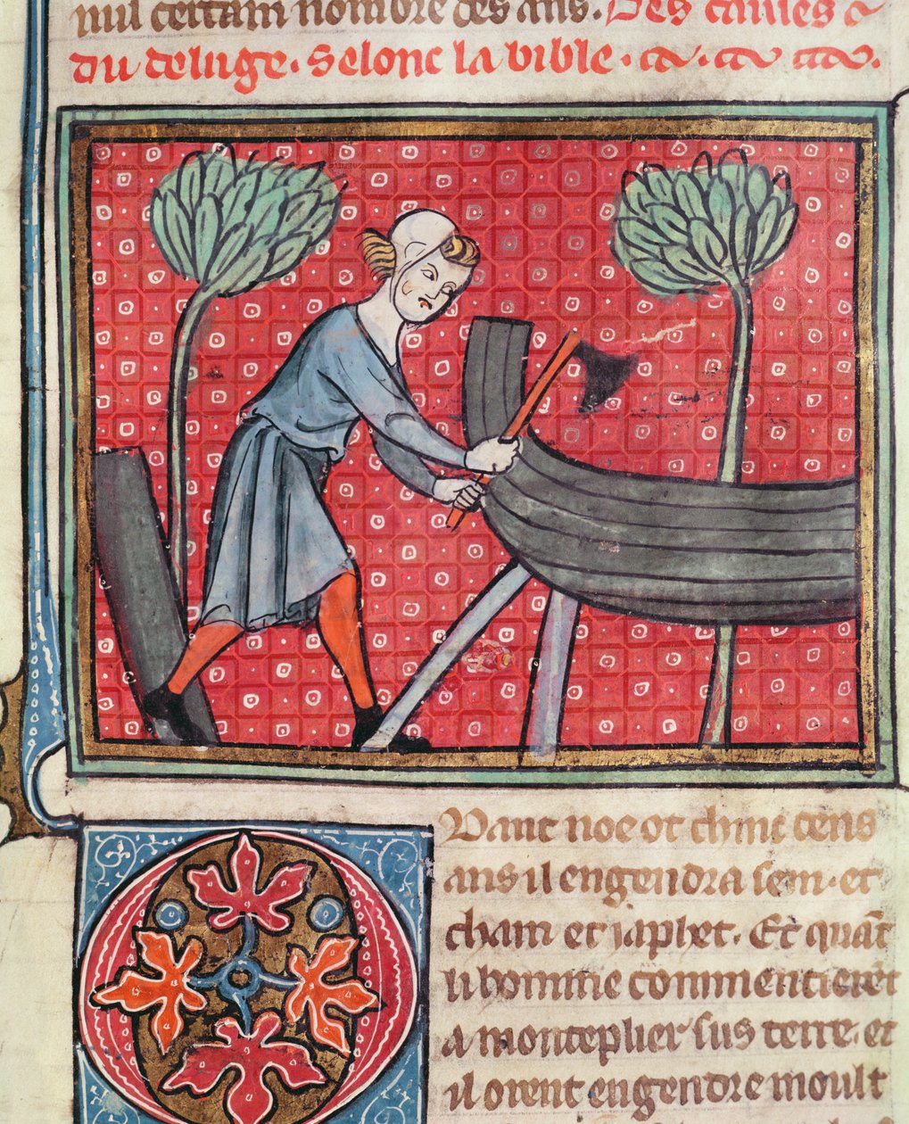 Stavba lodi, z Bible Historiale od Guiarta des Moulins od French School