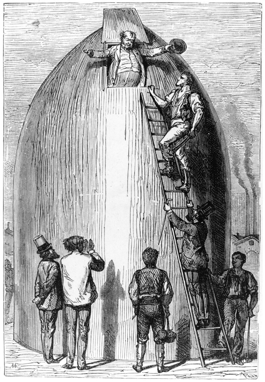 Konstrukce rakety, ilustrace ze Země na Měsíc od Julese Verna (1828-1905) Paris, Hetzel, vydáno v roce 1865 od French School