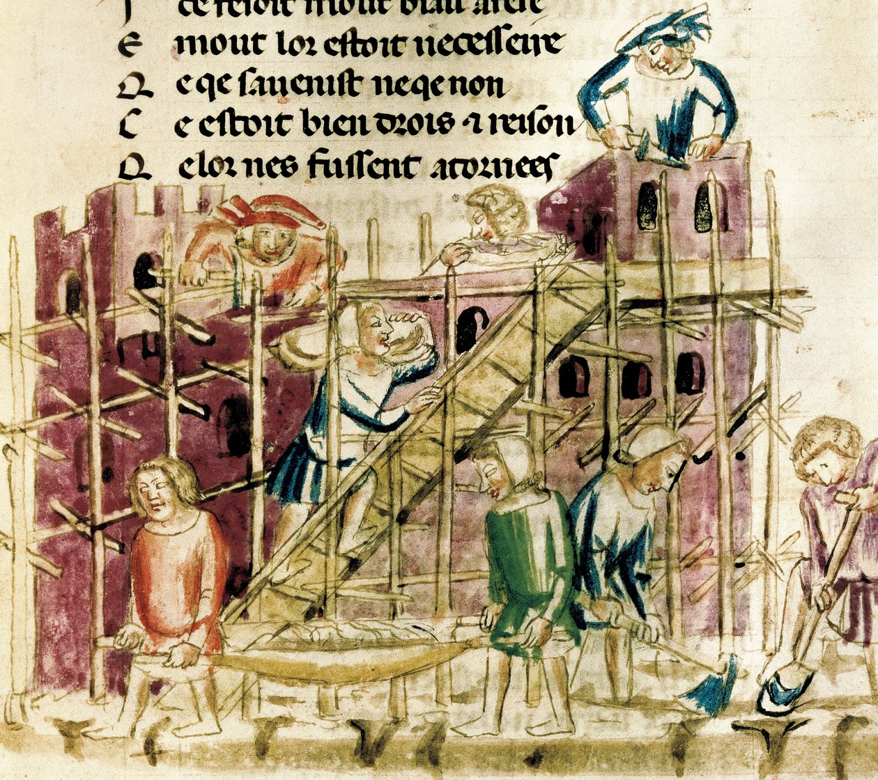 "Linnakkeen rakentaminen" Pienoiskuva 1300-luvun käsikirjoituksesta Paris, B.N. od French School