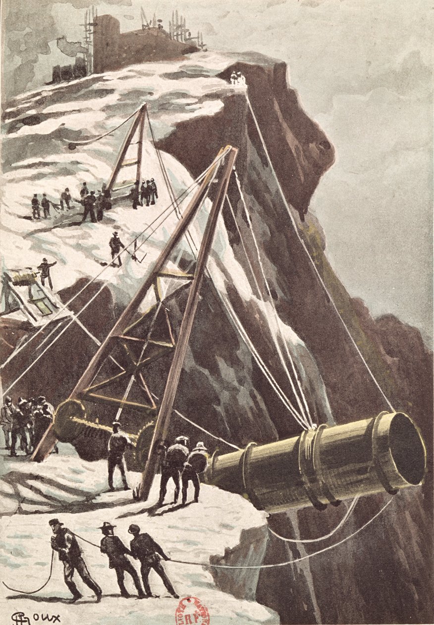 Konstrukce raketového odpalovacího děla, ze Země na Měsíc od Julese Verna (1828-1905), publikoval v roce 1865 od French School