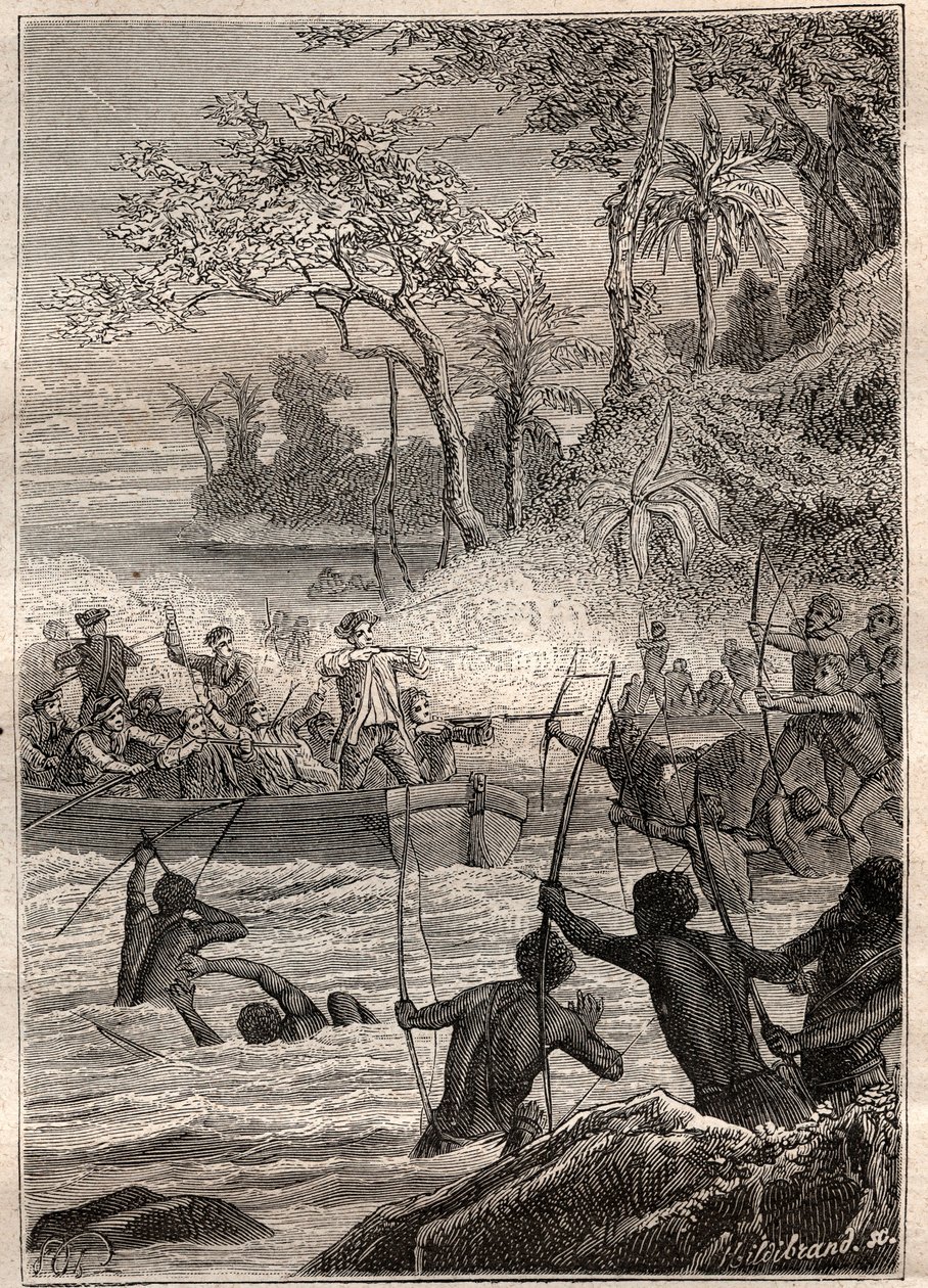 Pokračování šipkami: Cesta Philipa Cartereta nebo Philippa de Carteret (1733-1796) na ostrovech Santa Cruz, Notemely na ostrov Nendo (Santa Cruz, Ndeni, Nitendi nebo dokonce Ndende), v roce 1767 - ilustrace převzata z „The Velcí námořníci 18 od French School