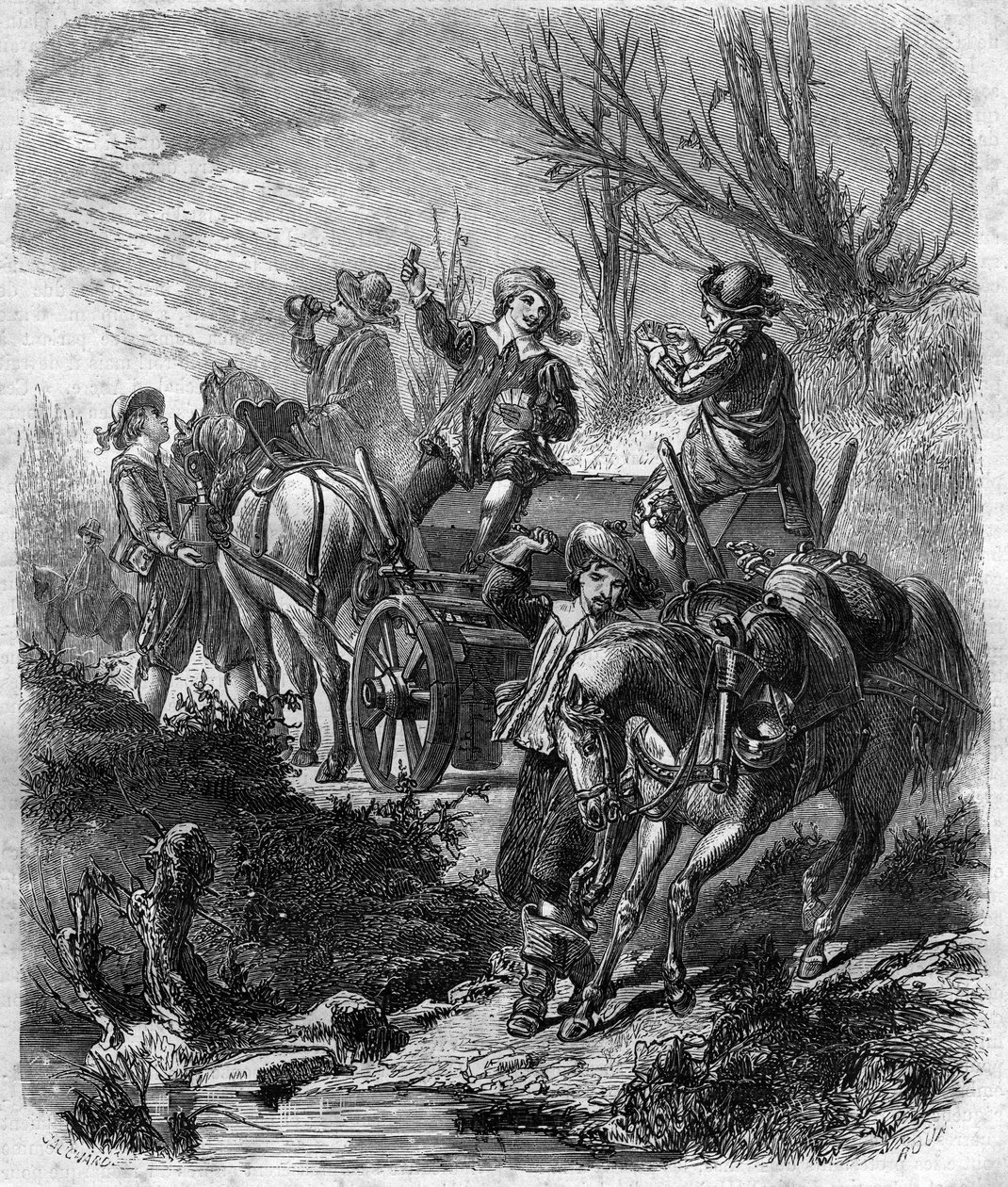 Konvoj Karla, markýze z Alberta, vévody z Luyne (1578-1621) francouzský státník, spojovatel a první vévoda z Luynes. Rytina v „Histoire des Papes-kings-queens-et-empereurs a travers les století“ od Maurice Lachatre od French School