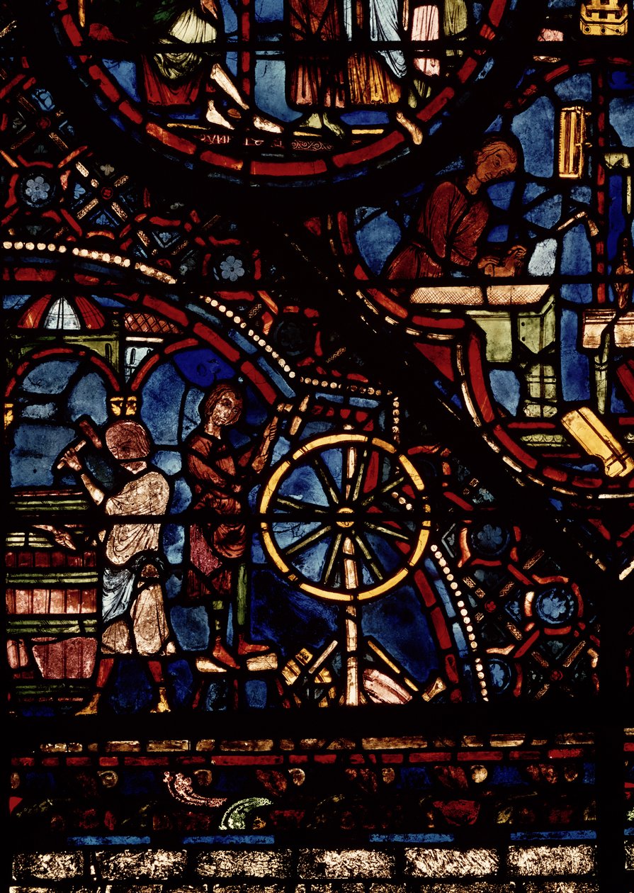 Bednáři při práci, detail z okna Života sv. Juliana špitálního v severní ambulantní ambulanci od French School