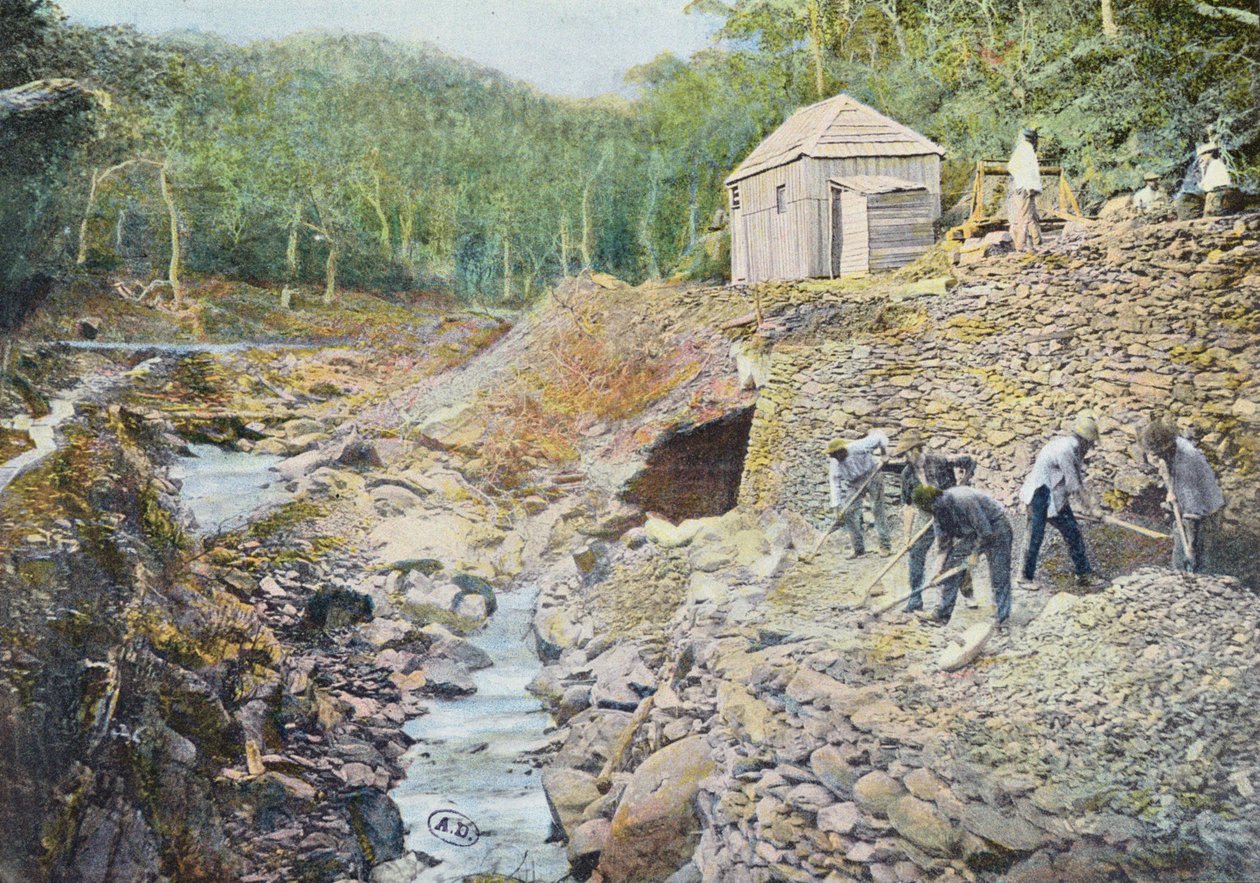 Těžba mědi v Nové Kaledonii, vyryl Gillot, konec 19. století od French School