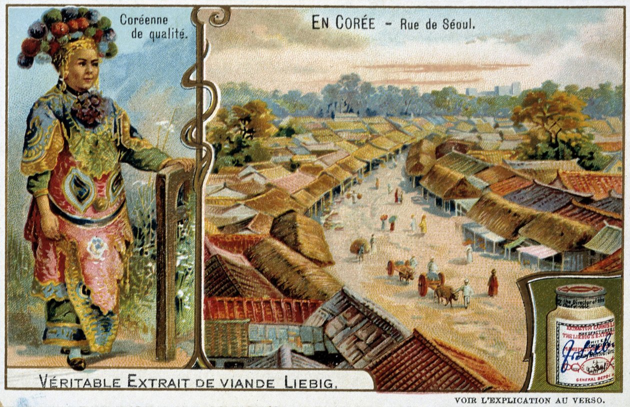 Coree: Seoul Street a ženský kostým - chromo Liébig, v.1900 od French School