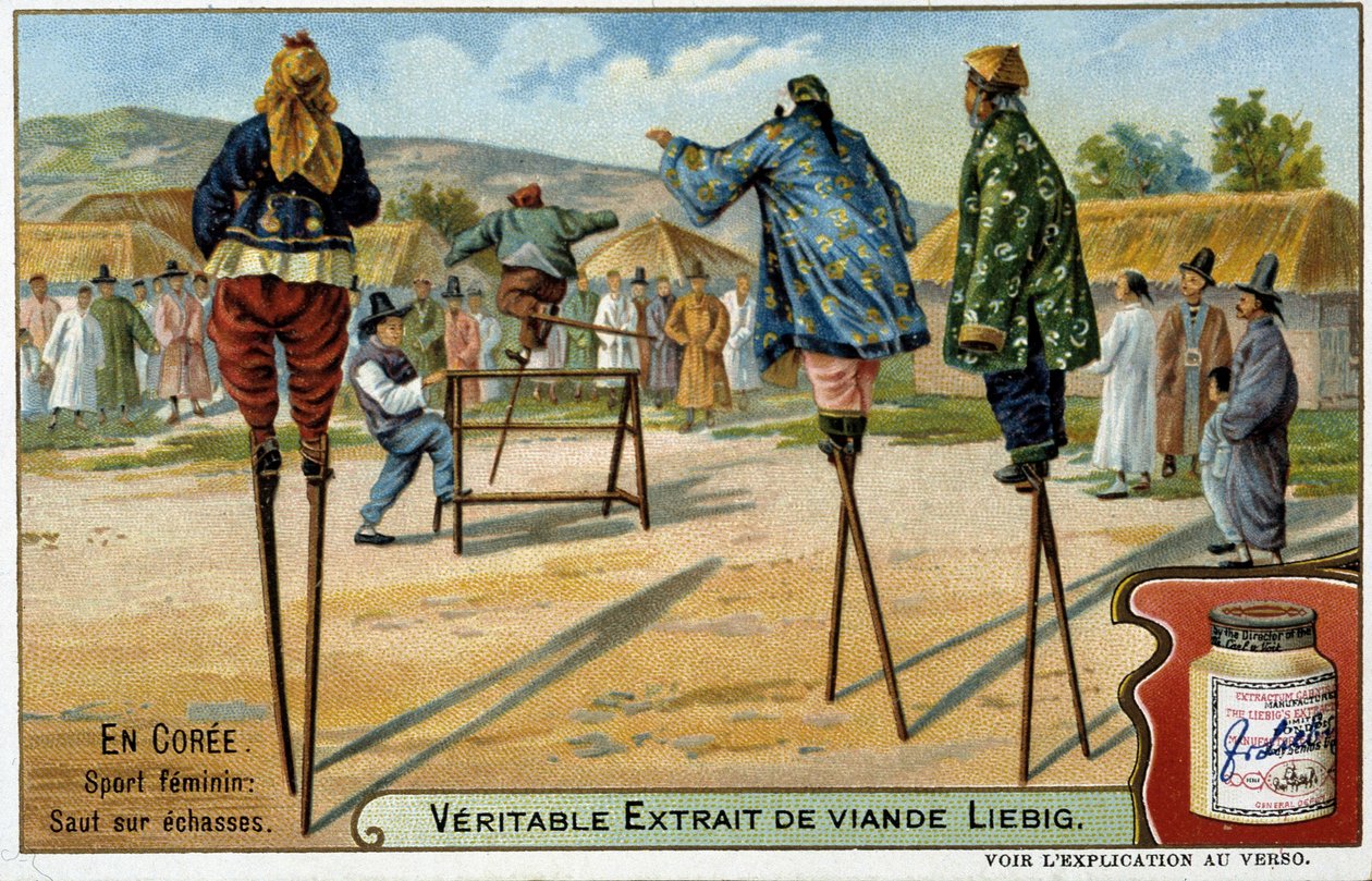 Coree: ženský sport skákání na chůdách - chromo Liébig, v.1900 od French School