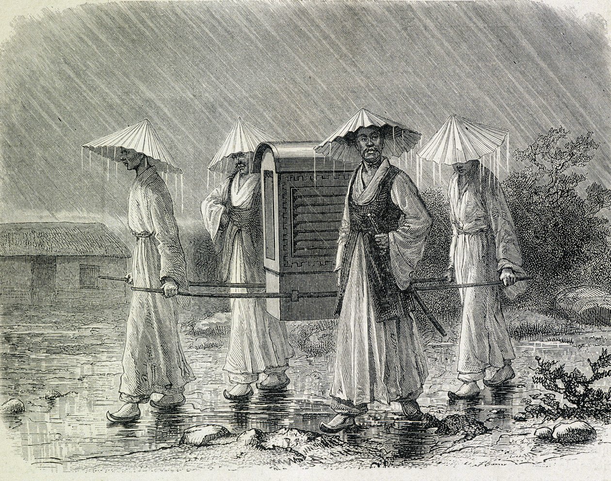 Coreens se obléká do palanquinu (pláštěnka coreens) a nese židli. Ilustrace převzata z knihy "Výprava do Koreje" od pana H. Zubera, bývalého námořního důstojníka (1866) - v časopise "Tour du Monde". od French School