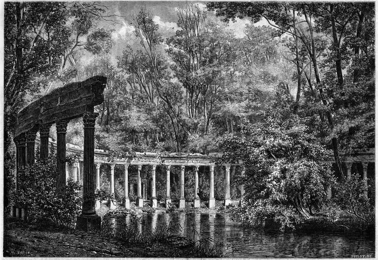Korintská kolonáda kolem oválné pánve v Parc de Monceau v Paříži od French School