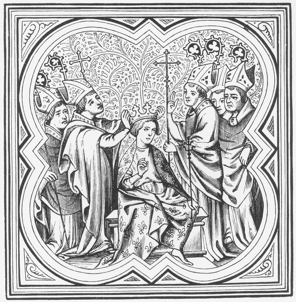 Korunovace Karla Velikého (742-814) podle miniatury v Chronicles of St. Denis od French School