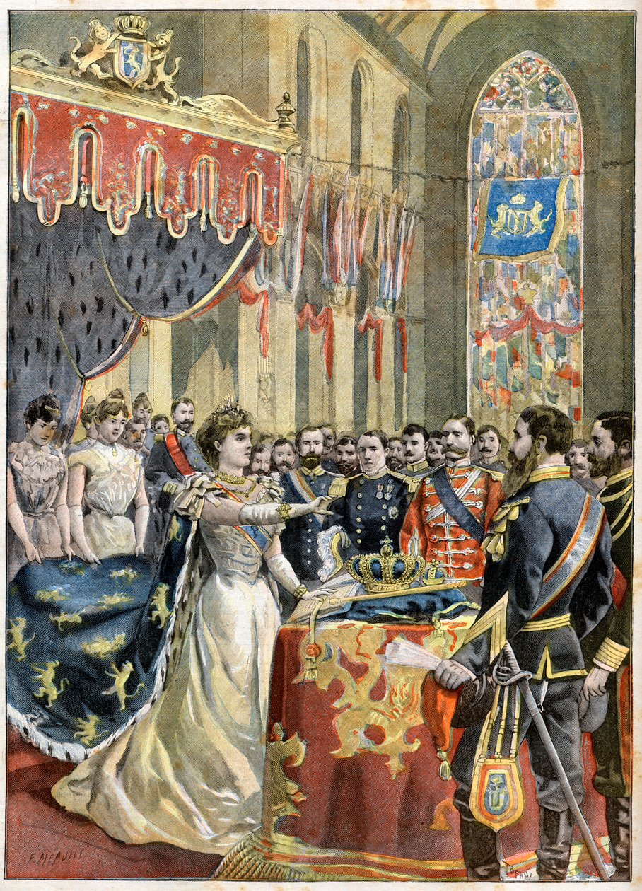 Korunovace královny Wilhelminy Nizozemské. Korunovace holandské královny Wilhelminy (1880-1962) (Wilhelmina Helena Pauline Maria van Oranje-Nassau) v Nieuwe Kerk v Amsterdamu - ilustrace pro Le petit Journal od French School