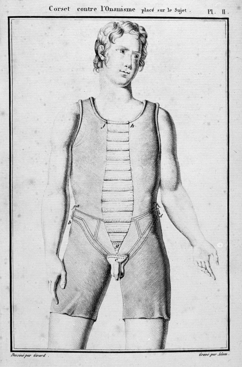 Korzet k prevenci onanismu, ilustrace z obvazů a zařízení Treats od J.B.J. Thillaye, Paříž, publikoval 1815 od French School
